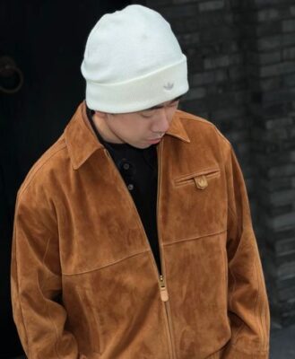 棕色麂皮質感雙拉鍊外套 - Adidas 復古翻領設計細節