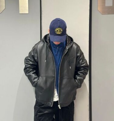 黑色連帽 PU 皮夾克 潮牌限定款街拍穿搭